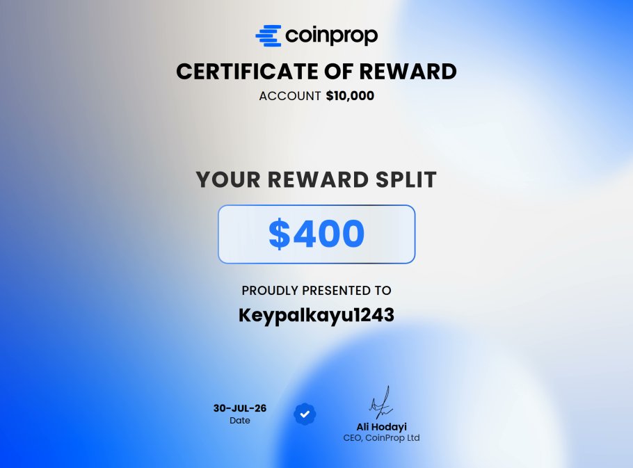 coinprop_io's tweet photo. This is the part we love to see.

Keypalkayul243 turned execution into a $400 reward split on a $10,000 CoinProp account.

Behind every certificate is a trader who showed up, followed the rules, and earned the result.

Congrats, Keypalkayul243 👏

Who’s next? https://t.co/WQufJG9GT6