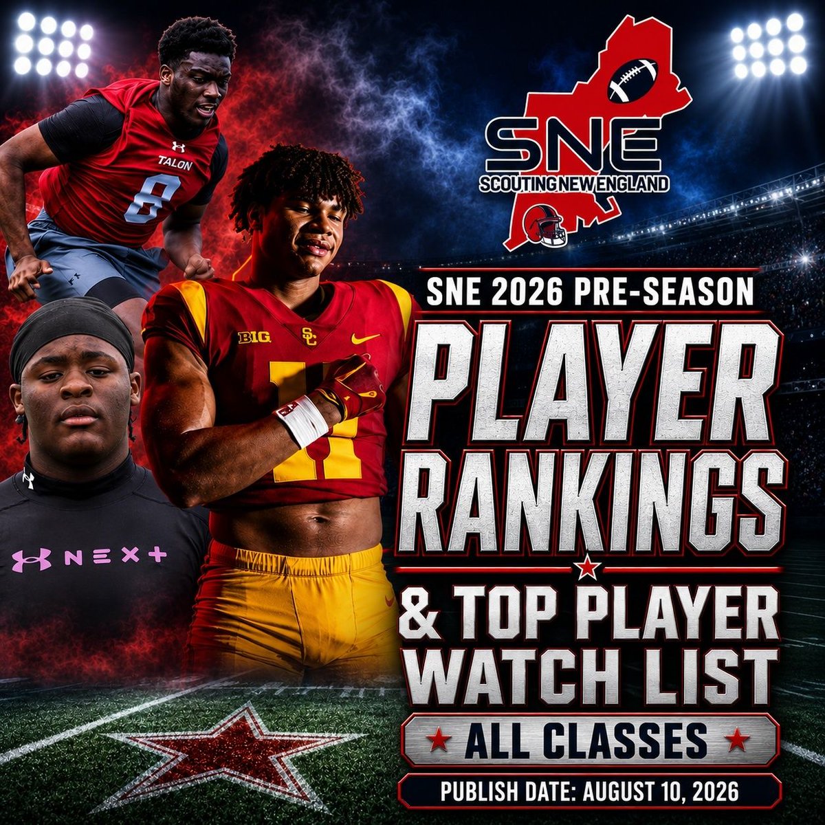 ScoutingNE's tweet photo. 🚨 SNE 2026 PRESEASON PLAYER RANKINGS 🚨

The wait is almost over!

On August 10, Scouting New England will publish its 2026 Preseason Player Rankings & Top Players Watch List covering ALL CLASSES and ALL NEW ENGLAND STATES.

Our scouting staff has been evaluating film, tracking offers, studying transfers and identifying the prospects whose recruiting stock could rise during the 2026 season.

🏈 Who moved up the rankings?
⭐ Which new names made the Top Player Watch list after being graded? by SNE Analyst?
📈 Who could become a major stock-riser this fall?
👀 Which prospects should college coaches be watching?

Players, parents, high school coaches and New England football fans—subscribe now so you are ready when the rankings & watch list go live.

🔗 Visit https://t.co/V8aJQJqh2f
📲 Follow Scouting New England for rankings, watch list additions,  evaluations, recruiting news, verbal-offer updates and new prospect discoveries throughout the season.

Tag a New England player or coach who needs to see this!

#ScoutingNewEngland #NewEnglandFootball #FootballRecruiting #HighSchoolFootball #CollegeFootballRecruiting #MassachusettsFootball #ConnecticutFootball #RhodeIslandFootball #NewHampshireFootball #MaineFootball #VermontFootball