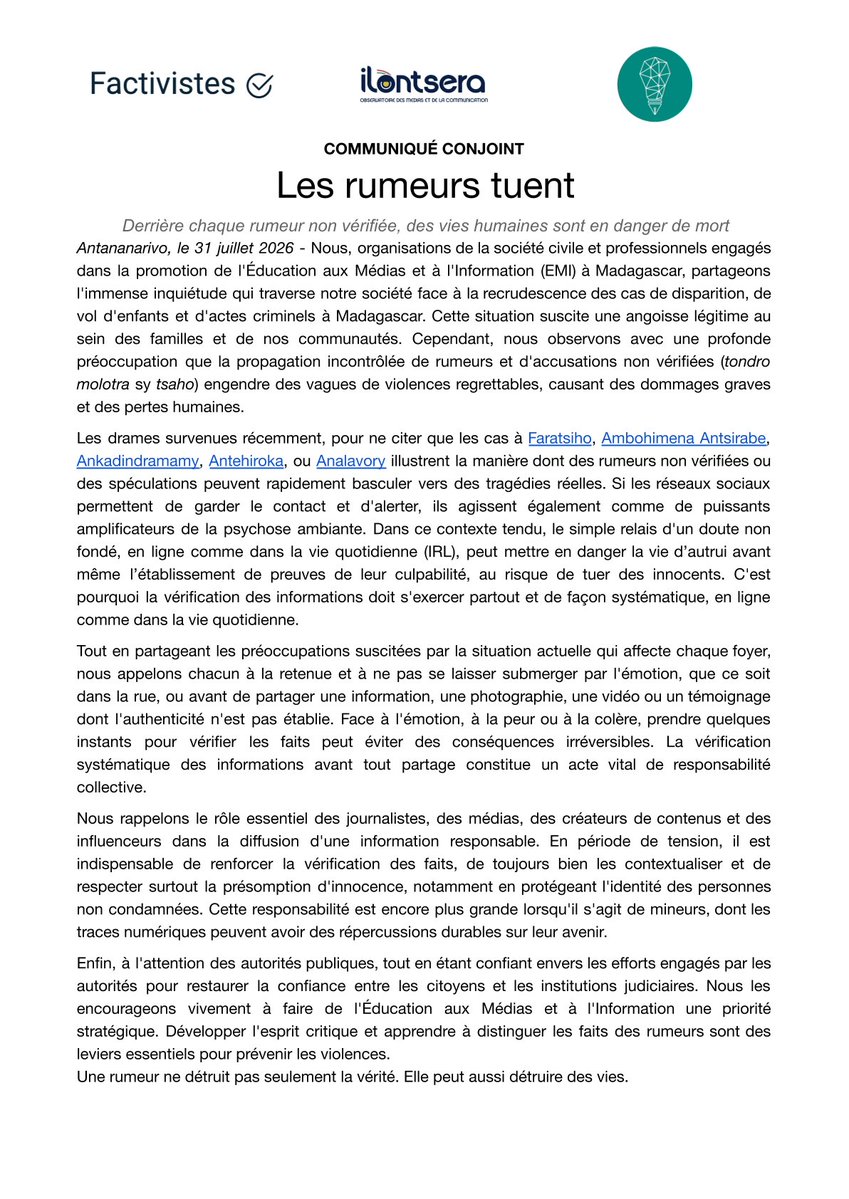 ricardmdg's tweet photo. COMMUNIQUÉ CONJOINT
Les rumeurs tuent
Derrière chaque rumeur non vérifiée, des vies humaines sont en danger de mort
@factivistes_  
@MILCLICKS https://t.co/0ehhnlc6cF