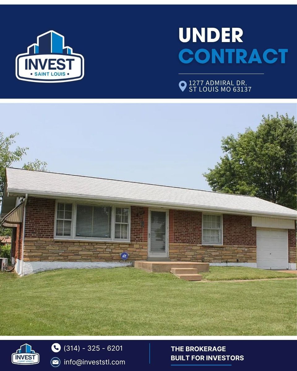 InvestSTLouisRE's tweet photo. 🏡 Under Contract!

1277 Admiral Drive is officially under contract!
We're excited to help another investment property move one step closer to closing. 
Looking to buy or sell investment property? 

📞 (314) 325-6201
📧 info@investstl.com

#UnderContract #InvestmentProperty https://t.co/couyaASiZf
