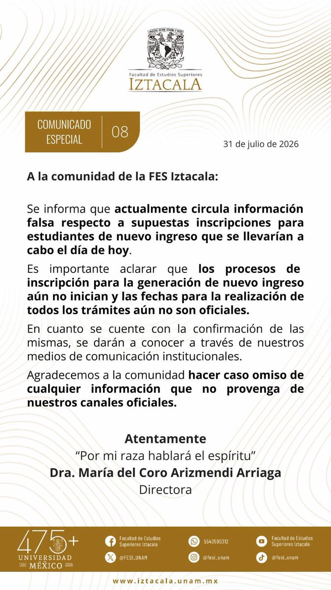 FESI_UNAM's tweet photo. #ComunicadoFESI #FESI #UNAM https://t.co/WsnvdN1XGO