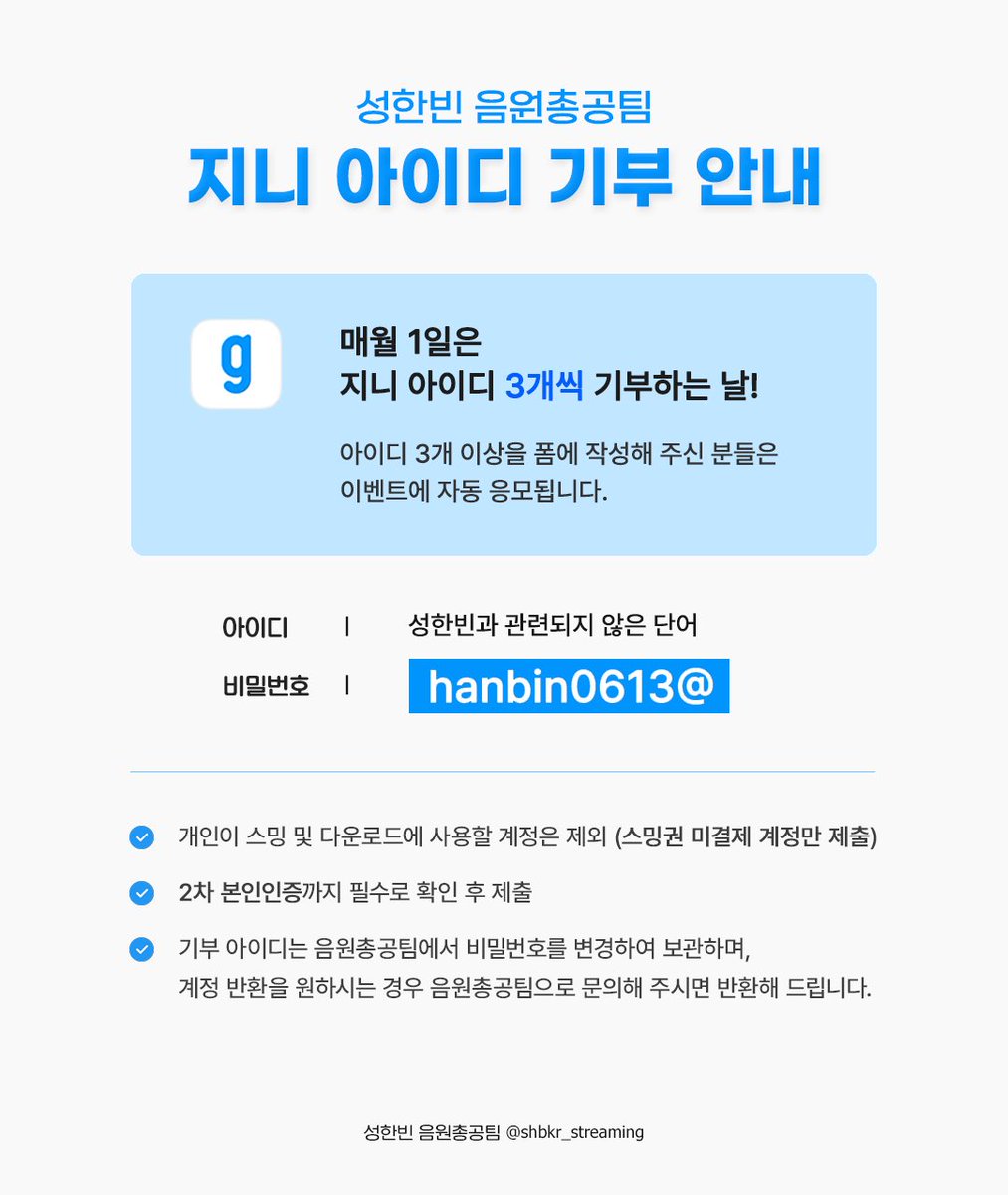 shbkr_streaming's tweet photo. 📢성한빈 음원총공팀 지니 아이디 기부 안내

성한빈 개인 음원 총공을 위해 매월 1일 지니 아이디를 기부받습니다!

✅지니는 30일마다 동일 휴대폰번호로 ID 3개까지 생성 가능합니다. 한달마다 한 번씩 새 계정을 만들어서 보내주세요.🥹

*기부된 아이디가 그룹 음원 총공에도 참여하길 원하시는 분들은 폼 문항에서 체크를 해주세요!

⬇️지니 아이디 기부폼
🔗https://t.co/wVkFPpxqFd

아이디는 성한빈과 연관 없도록 하고,
비밀번호는 hanbin0613@ 으로 통일해주세요🙏

🎁한달마다 신규 아이디를 [3개] 이상 기부해주시는 분들 중 추첨하여 기프티콘 증정‼️

1일부터 말일까지 한 달 동안 기부해주신 아이디 중에서 [5개]를 추첨하여 상품을 드립니다.💝

많은 참여 부탁드립니다!🙇

#성한빈 #SUNGHANBIN #ソンハンビン #成韓彬