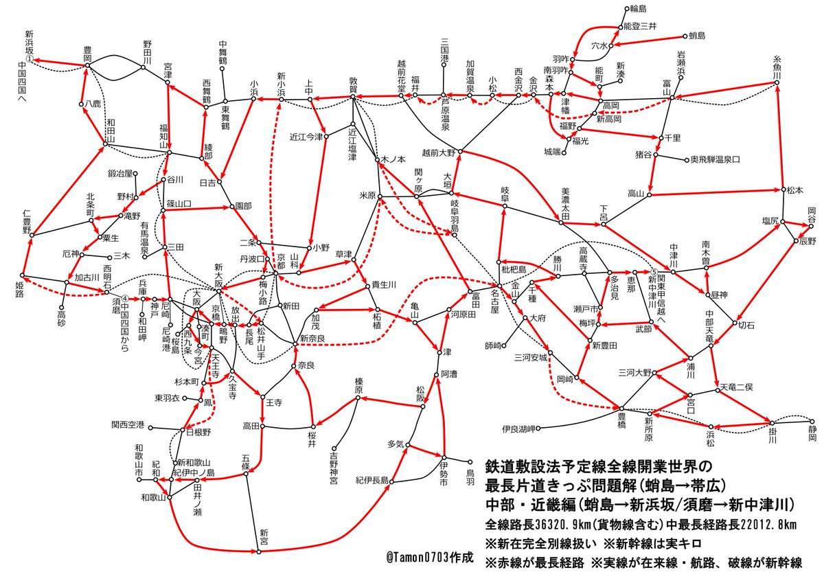 Tamon0703's tweet photo. 鉄道敷設法予定線全線開業世界での最長片道きっぷはどうなるのか、という疑問にようやく解が出たので図示してみる。新在完全別線、新幹線は実キロという条件で、最長経路は蛸島→帯広の22012.8kmになった。計6枚の図に示しているので、3枚目から2→1→2→3→(次投稿の)4→5→6と順番に見てほしい。 https://t.co/88LWcYE4t5