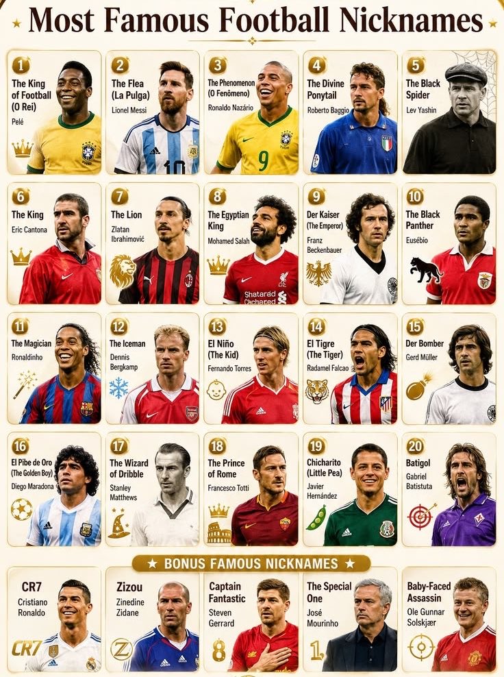 Vintage77Ball's tweet photo. Most famous football niknames
Who is your favorite? https://t.co/u0YX7d0AOS