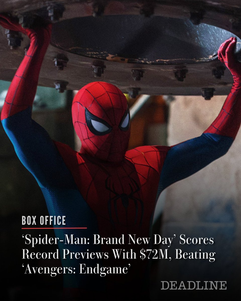 DEADLINE's tweet photo. We’re told that in the late evening hours, walk-up business exploded for Sony‘s 'Spider-Man: Brand New Day' which now has a revised number of $72M.

That’s quite the jump, and it beats the all-time $60M preview record previously held by Disney/Marvel Studios’ 'Avengers: Endgame'

Read the full box office analysis here: https://t.co/wiwCkgNIRz