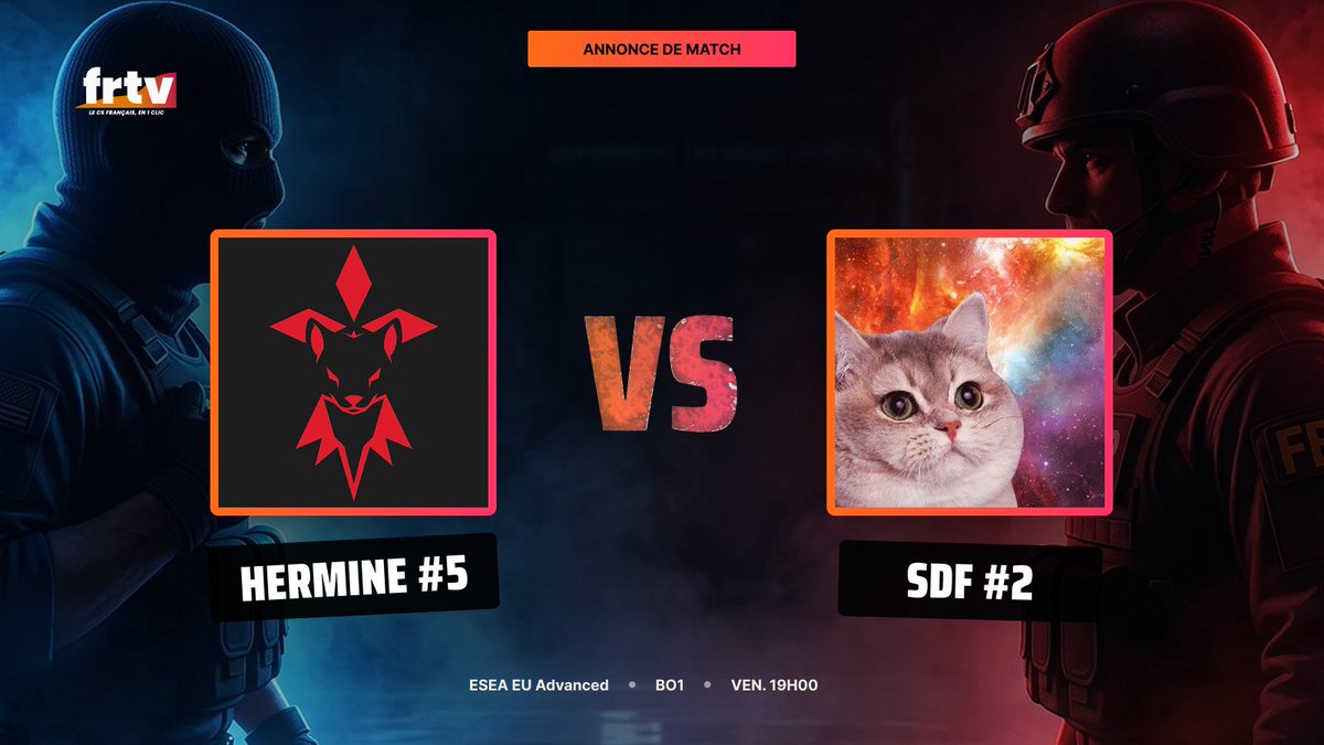 FRTVCS2's tweet photo. DERBY TOP 5 FR ! 🇫🇷⚔️

SubtopDeFrance (#2 FR) défend son rang face à @HermineEsport (#5 FR) dans un derby sous tension !

🔥 @Supr3me_CSGO en feu (Rating 1.39)
🛡️ CT side béton (67% de winrate) côté Hermine

⏰ 19H - ESEA Advanced | 🎙️@PrawnyTv

Lien en réponse ! 👇 https://t.co/dqgtqSTeDf