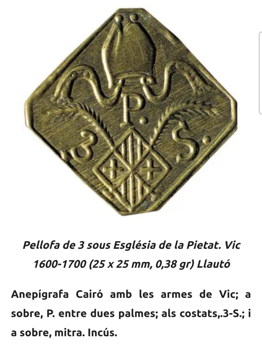 jordi_kanet's tweet photo. Atenció Osonencs!
Aquí teniu la #Pellofa de 3 sous de l'església de la Pietat de Vic del segle XV aproximadament...
Conserva a l'escut de la ciutat de Vic els 7 pals de #Carlemany d'oriflama i la Creu de #SantJordi que van heretar els comtes de Barcelona... https://t.co/PUI7psa80p