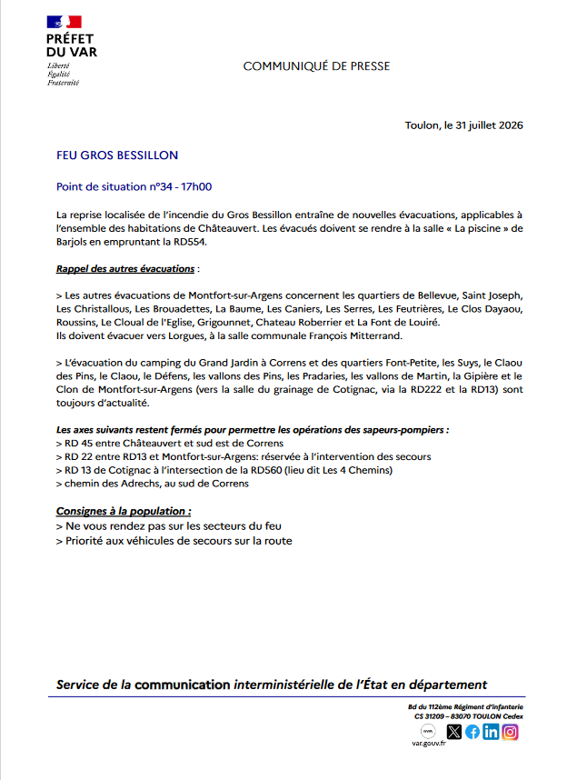 Prefet83's tweet photo. #Feu #GROSBESSILLON | Vendredi 31 juillet - 17H00
✔️ Point de situation
> Nouvelles évacuations sur Châteauvert
> Rappel des autres évacuations et des axes fermés
⬇️ https://t.co/F5JTDi5i0A
