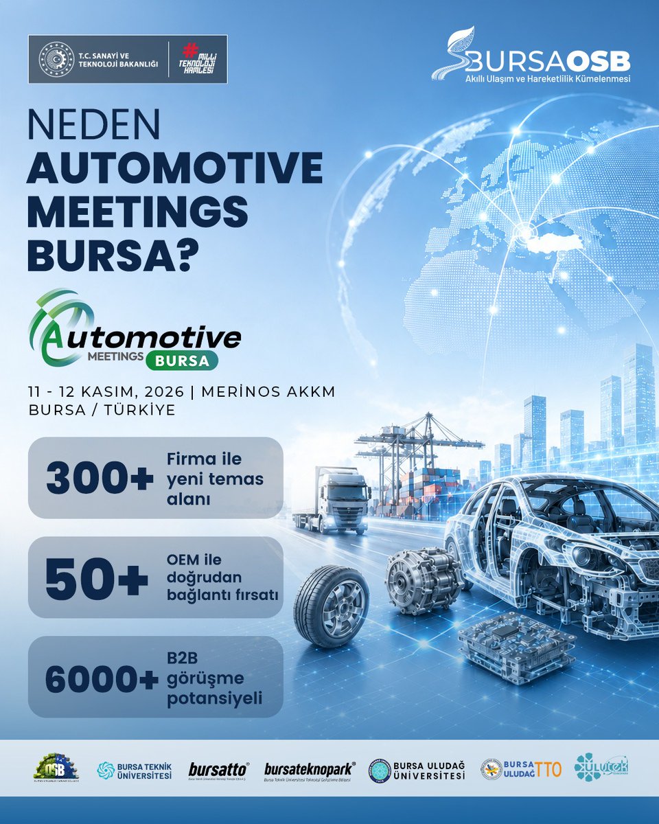 bosbmobility's tweet photo. Bursa’nın üretim gücü, Automotive Meetings Bursa ile global otomotiv ağlarına açılacak.

300+ firma, 50+ OEM ve 6000+ B2B görüşme potansiyeli; sektörün güçlü aktörlerini aynı çatı altında buluşturacak.

📍 11 - 12 Kasım 2026
📌 Merinos AKKM | Bursa

#bosbmobility https://t.co/v0rxwGjZlB