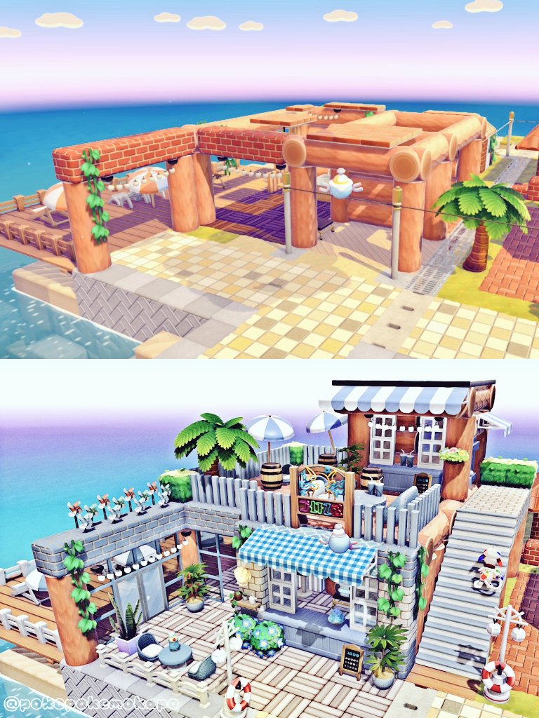 pokopokemokapo's tweet photo. ドンヨリうみべの海の家🏝️
before → after

丸太は残しつつ🪵2階もうちょい光らせてビアガーデンっぽくしたいな🍻

#ぽこポケ  #ぽこあポケモン 
#pokopia  #PokemonPokopia https://t.co/nfclw0juH6