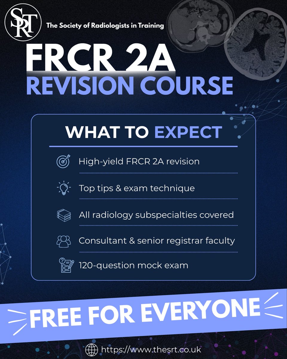 _the_SRT's tweet photo. π¨ Registration is now open!
Preparing for the #FRCR2A exam? Join us for the #SRT FRCR 2A Revision Course for a comprehensive weekend of high-yield teaching by an outstanding faculty of consultant radiologists and senior residents.
π
5-6 September
π Registration link in bio https://t.co/F2UbjpRWtY