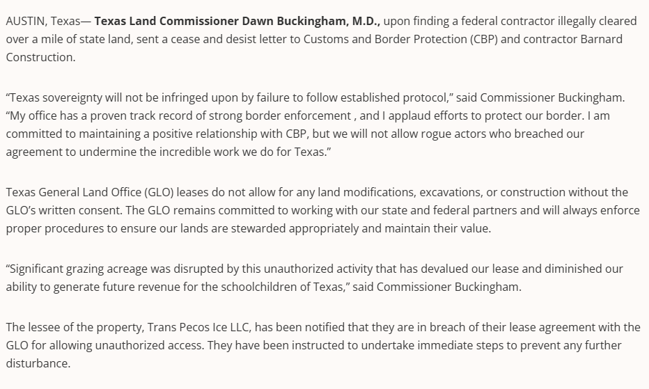 LaikenJordahl's tweet photo. BREAKING: Texas Land Commissioner just sent a cease and desist to CBP and Barnard Construction for illegally clearing state land in the Big Bend region for the border wall.

“Texas sovereignty will not be infringed upon by failure to follow established protocol...we will not allow rogue actors who breached our agreement to undermine the incredible work we do for Texas.”