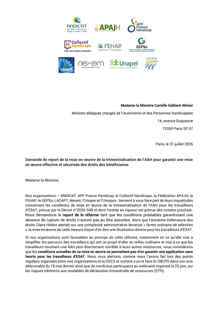 Uniopss's tweet photo. 📢En octobre doit entrer en vigueur la trimestrialisation de l'AAH pour les travailleurs d'#ESAT. Considérant que les conditions ne sont pas réunies pour que cette réforme se déroule sans heurts, l'Uniopss, au côté d'associations a pris position 👉https://t.co/DtN0odIuha https://t.co/RDKofsfLs5