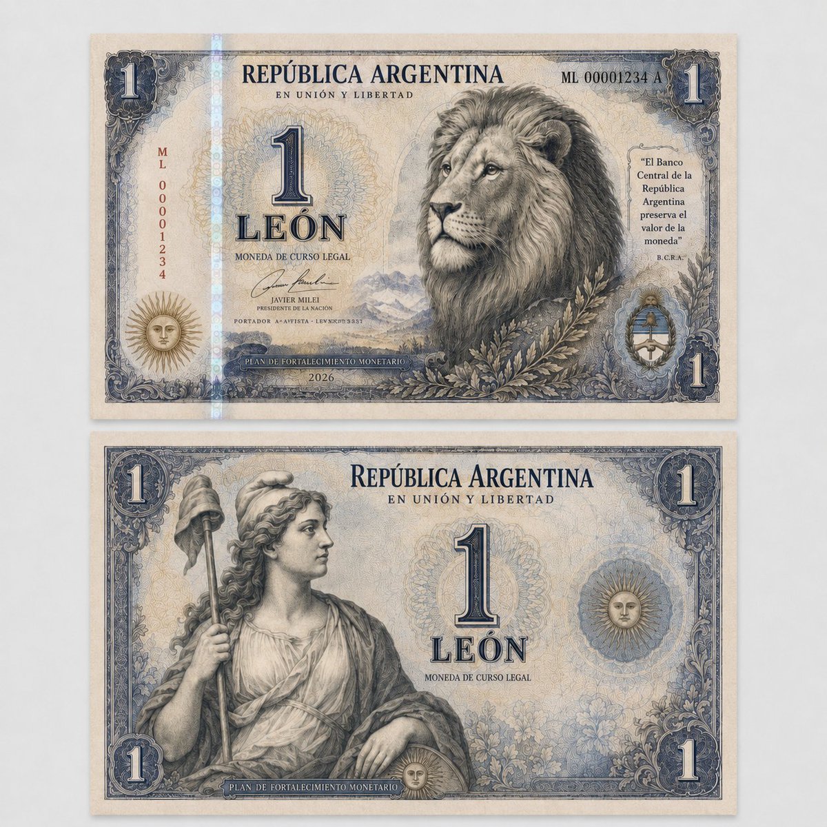 ViejoLibertario's tweet photo. NUEVA MONEDA ARGENTINA.

La pregunta no es si hay que cambiar la moneda o si hay que quitarle ceros a la actual.

La pregunta es: ¿CUÁNDO?

Hoy usamos una moneda, cuya unidad ni siquiera existe en metal o billetes.

Pensemos que si una botella de agua mineral de 2L cuesta $1.000, significa que un peso equivale a 2 gramos de agua (o 2 ml). ¿Poco no? Y en todos los sistemas informáticos, carteles, etc. hay que hacer un arrastre de muchos números que complican las operaciones.

Cuando la inflación esté derrotada completamente, cuando tengamos un dígito anual, será el momento de darle descanso eterno a esta moneda maltratada por décadas.

Y ya que hablamos de décadas, les propongo una moneda con reminiscencias al peso del siglo pasado.

¿Te gusta?
¿Vos qué propondrías?

Te leo.
