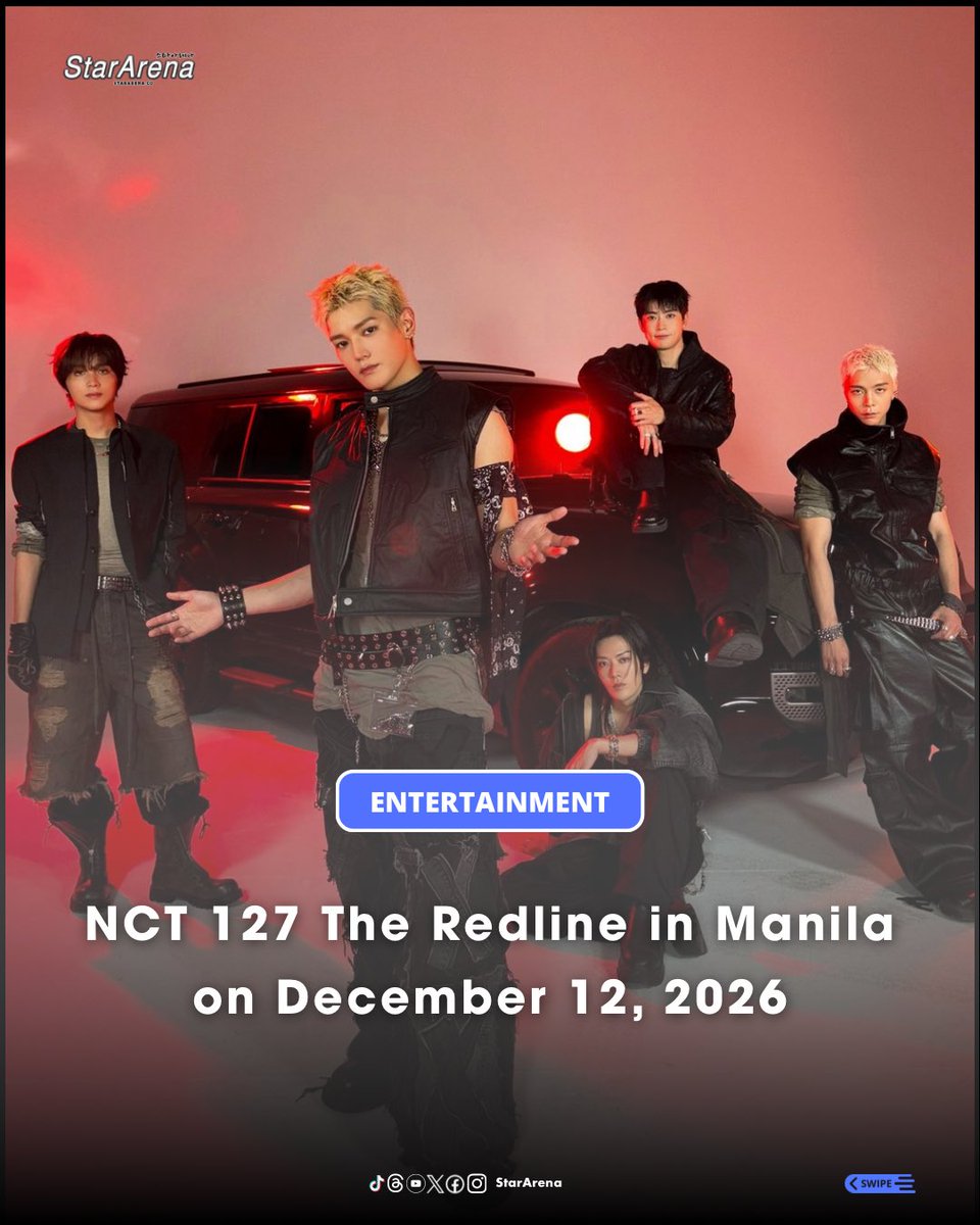 StarArena_'s tweet photo. NCT 127 5TH TOUR 'NEO CITY : MANILA - THE REDLINE' is officially heading to Manila on December 12, 2026, at the SM Mall of Asia Arena! 

Stay tuned to PULP Live World (@pulpliveworld) for upcoming ticketing details and updates.

@NCTsmtown_127 
#NCT127 #THE_REDLINE
#NCT127_5TH_NEOCITY_THE_REDLINE
#NCT127inMANILA2026