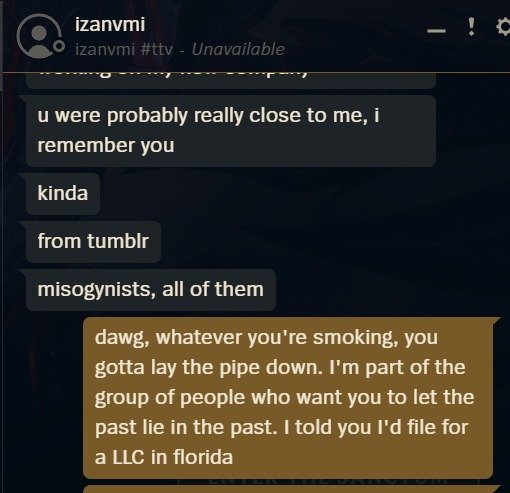 SkyeBreaker's tweet photo. @ainstheangelxo @SeraphinaSlayz Here's some messages they sent me in League out of the blue the other night. They're on a tear lately it seems https://t.co/XaG7NZYm0e