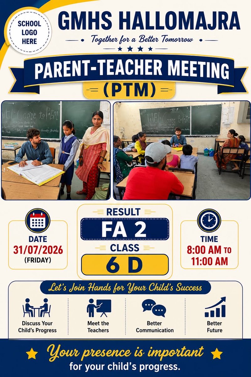 GHSHallomajara's tweet photo. PTM held on 31st July 2026 at GMHS Hallomajra ,Chandigarh for all classes.
Teachers discussed FA-2 &amp; PT-2 results + student progress.
Parents counseled on regular attendance &amp; staying connected with teachers for better learning.
#PTM #GMHSHallomajra @SchoolEduChd https://t.co/16MHLNaWfu