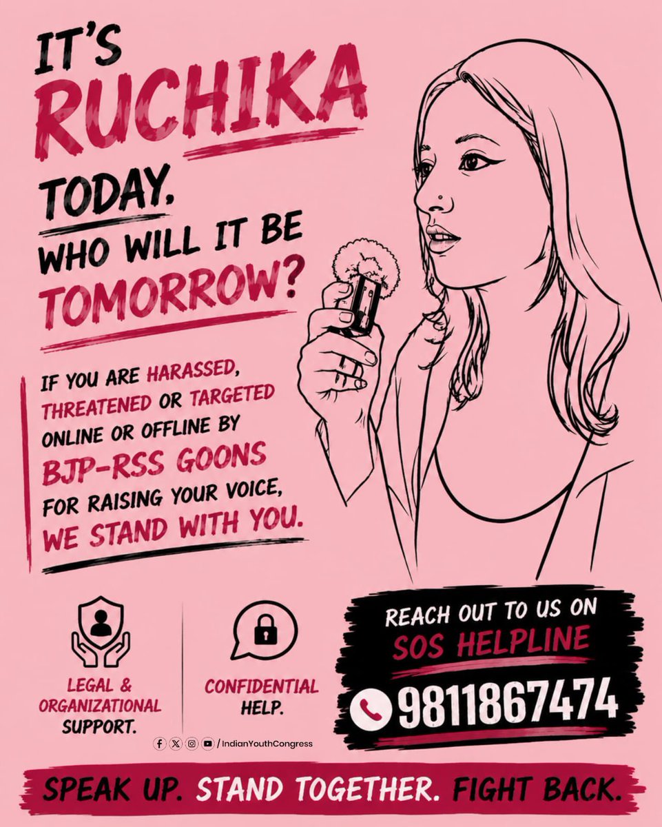 IYC's tweet photo. It's Ruchika today. Who will it be tomorrow?

To every young woman facing online harassment, threats or intimidation for raising her voice, you are not alone.

The Indian Youth Congress stands with you. Reach out for legal & organisational support.

📞 SOS Helpline: 9811867474

#IYCStandsWithYou