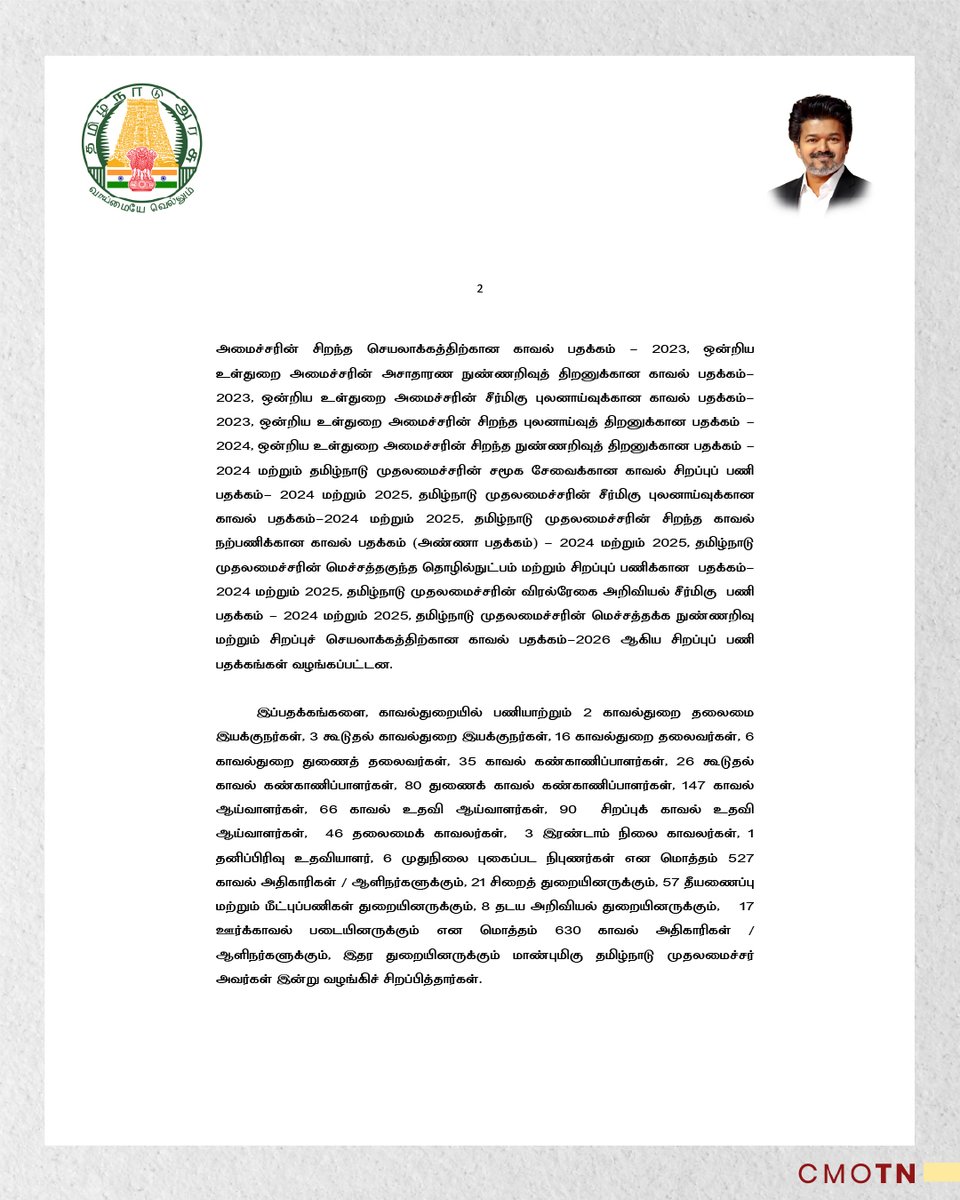 CMOTamilnadu's tweet photo. மாண்புமிகு தமிழ்நாடு முதலமைச்சர் திரு.ச.ஜோசப் விஜய் அவர்கள் காவல், சிறைகள் மற்றும் சீர்திருத்தப் பணிகள், தீயணைப்பு மற்றும் மீட்புப் பணிகள் ஆகிய துறைகளில் சிறப்பாகப் பணியாற்றிய அதிகாரிகள் ஆளிநர்களுக்கு 2023 ஆம் ஆண்டு முதல் 2026 ஆம் ஆண்டு வரையில் அறிவிக்கப்பட்ட இந்திய குடியரசுத் தலைவர் பதக்கங்கள், ஒன்றிய உள்துறை அமைச்சர் பதக்கங்கள் மற்றும் தமிழ்நாடு முதலமைச்சர் பதக்கங்களை வழங்கிச் சிறப்பித்ததுடன், ரூ.8.27 கோடியில் கொள்முதல் செய்யப்பட்ட கடலோரப் பாதுகாப்புக் குழுமத்திற்கான புதிய 42 நான்கு சக்கர மற்றும் 96 இருசக்கர ரோந்து வாகனங்களின் சேவையைக் கொடியசைத்துத் தொடங்கி வைத்தார்.

#CMJosephVijay‌