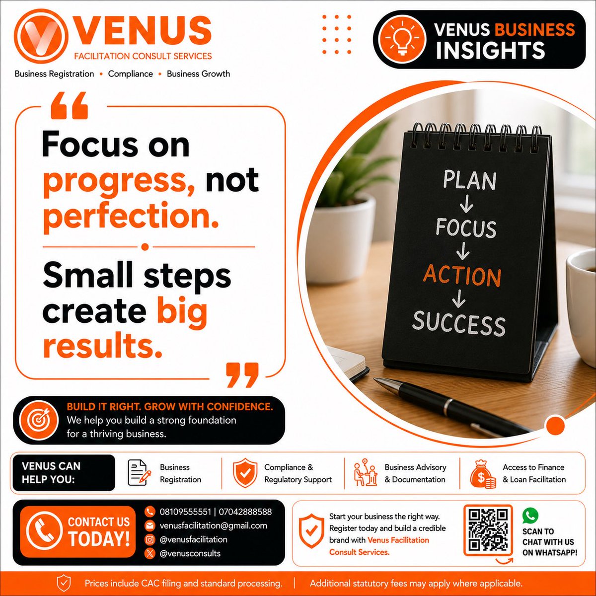 venusconsults's tweet photo. Perfection can delay progress.

Keep improving. Keep learning. Keep taking action.

Focus on progress, not perfection. Small steps create big results.

Build your business with confidence.

#BusinessQuote #Entrepreneurship #BusinessGrowth #MSME #VenusFacilitationConsult https://t.co/jwTVAfrfj5