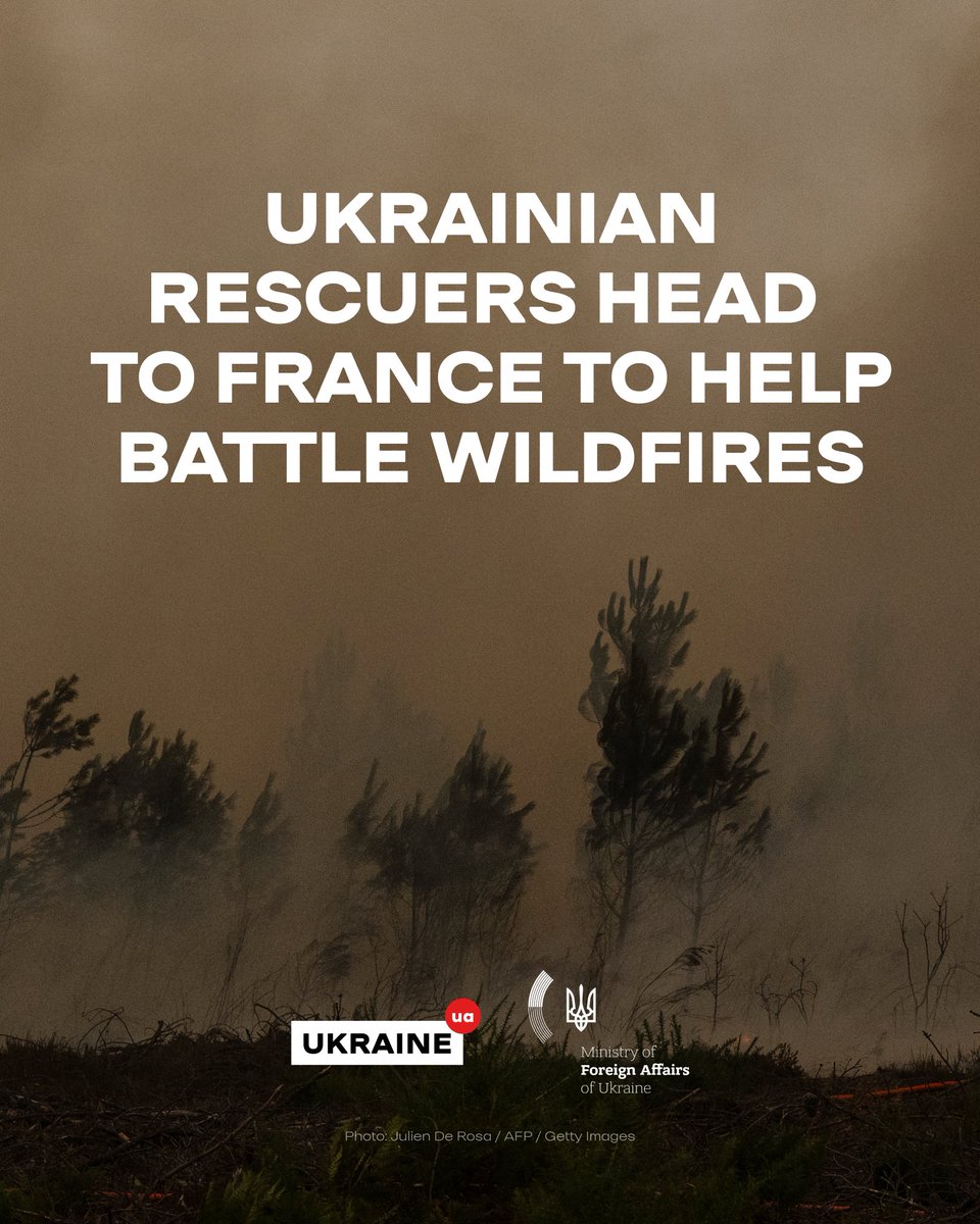 ukraine_ua's tweet photo. Ukrainian rescuers have set off to help protect lives and communities in France, as devastating wildfires continue to spread across the south-west of the country.

A team of 70 Ukrainian firefighters and 15 specialised vehicles has been deployed to France under the EU Civil Protection Mechanism. If needed, Ukraine is also ready to provide aerial firefighting support.

Ukraine's rescuers bring exceptional experience. Every day, they respond to the aftermath of Russian attacks, extinguish large-scale fires, carry out search and rescue operations, and work in some of the most dangerous conditions imaginable.

Even while defending itself against Russia's full-scale invasion, Ukraine remains ready to support those who have stood with us in our hardest moments 🇺🇦🤝🇫🇷