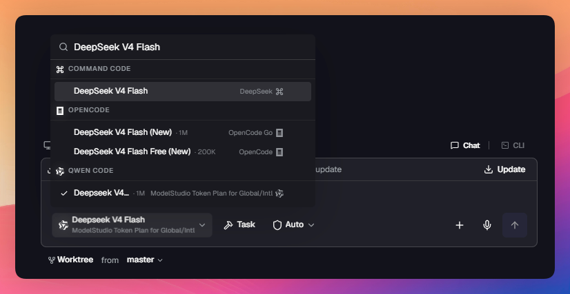 poracode's tweet photo. New DeepSeek V4 Flash available in Poracode https://t.co/rzXx5Su7a8