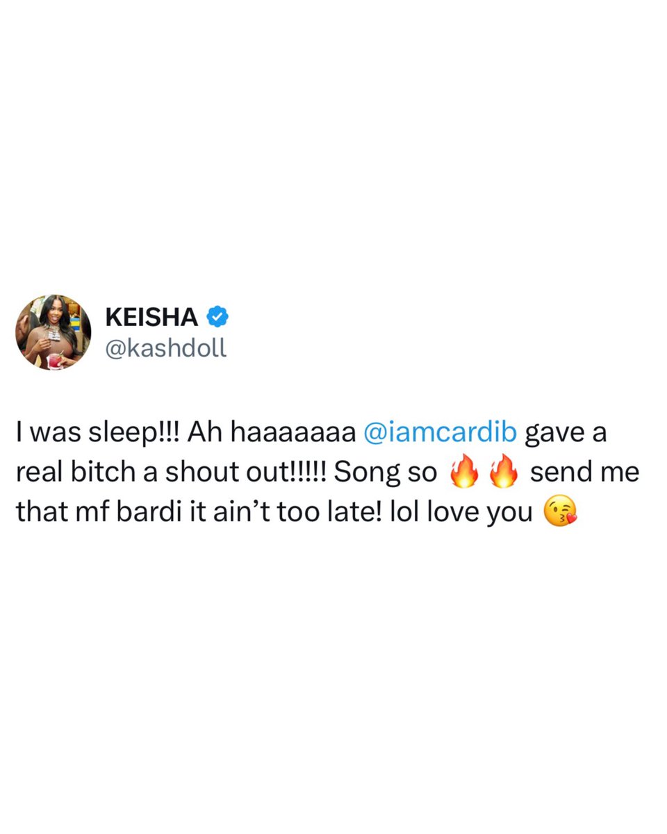 CelebLoveBardi's tweet photo. Kash Doll shows love to Cardi B’s new single, “AH HA”:

“l was sleep!!! Ah haaaaaaa @iamcardib gave a real bitch a shout out!!!!! Song so 🔥🔥 send me that mf bardi it ain’t too late! lol love you 😘” https://t.co/j0DlVHl6Gd