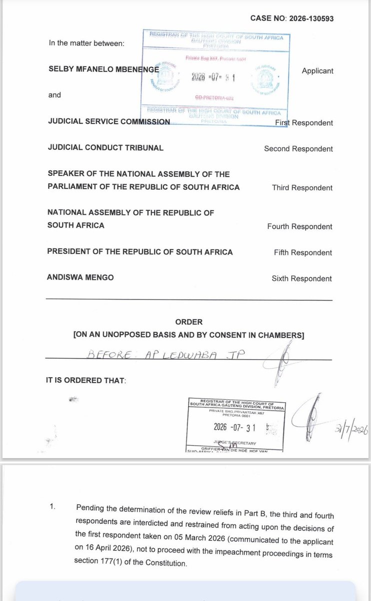 ZANewsFlash's tweet photo. BREAKING NEWS: Suspended Eastern Cape Judge President, Selby Mbenenge, has obtained a court order temporarily interdicting Parliament and President Cyril Ramaphosa with proceeding with impeaching.

This would be while Mbenenge and his legal team are still trying to review and set aside the findings of the Judicial Services Commission - KZN Tonight Podcast