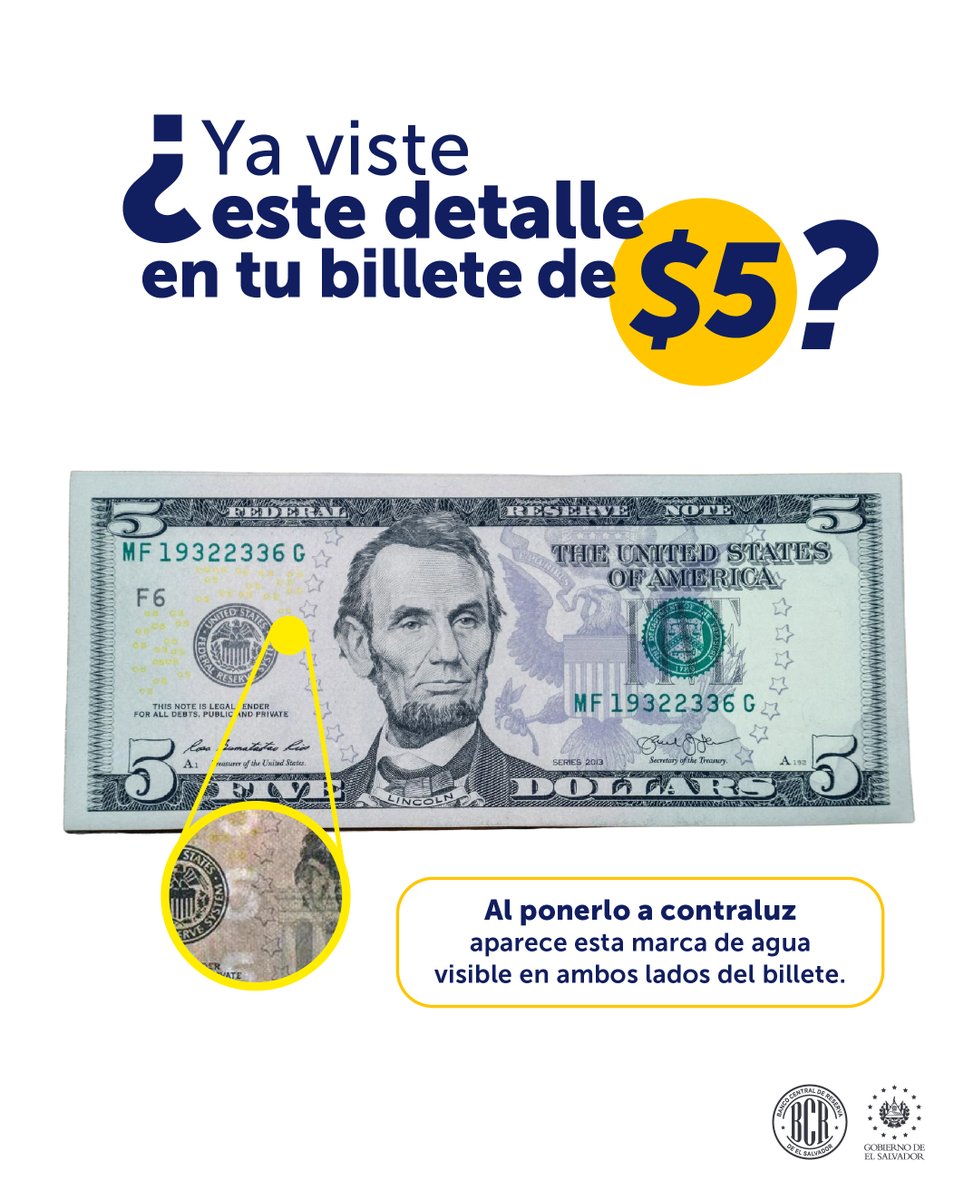 bcr_sv's tweet photo. El billete de $5.00 US no cambia de color al inclinarlo como otras denominaciones, pero sí cuenta con elementos de seguridad para ayudar a verificar su autenticidad. Uno de ellos es la marca de agua de tres números 5 a la izquierda del retrato 🔎💵. https://t.co/cDVQiTJTu6