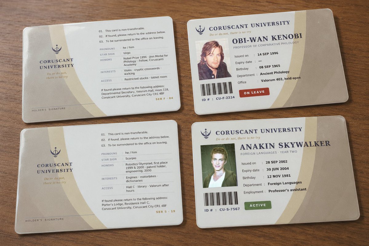 zeiwalker's tweet photo. Check out their ID cards!
#AdobePhotoshop
#Canva
#ProfK
#Obiwan
#Anakin https://t.co/xFonrWNviV