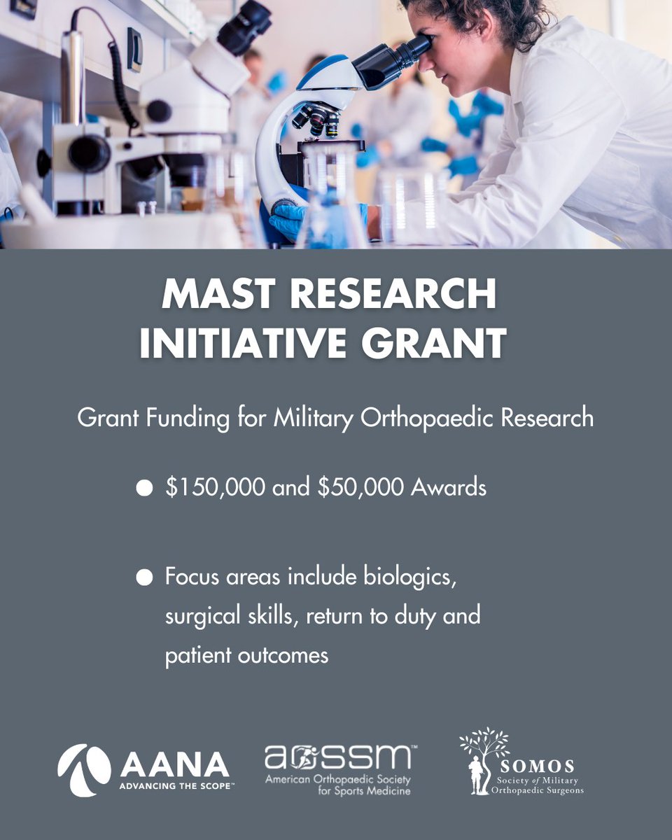 aossm1972's tweet photo. Research has the power to change lives, especially for those who dedicate theirs to serving others. 

The 2026 MAST Research Initiative Grant in collaboration with @aanaorg and @milortho provides up to $150K in funding to support impactful orthopaedic research focused on the military population. 

Don't miss your opportunity to make an impact. 

Applications are due soon.
https://t.co/MU8Dci6DOw

@AANA @SOMOS