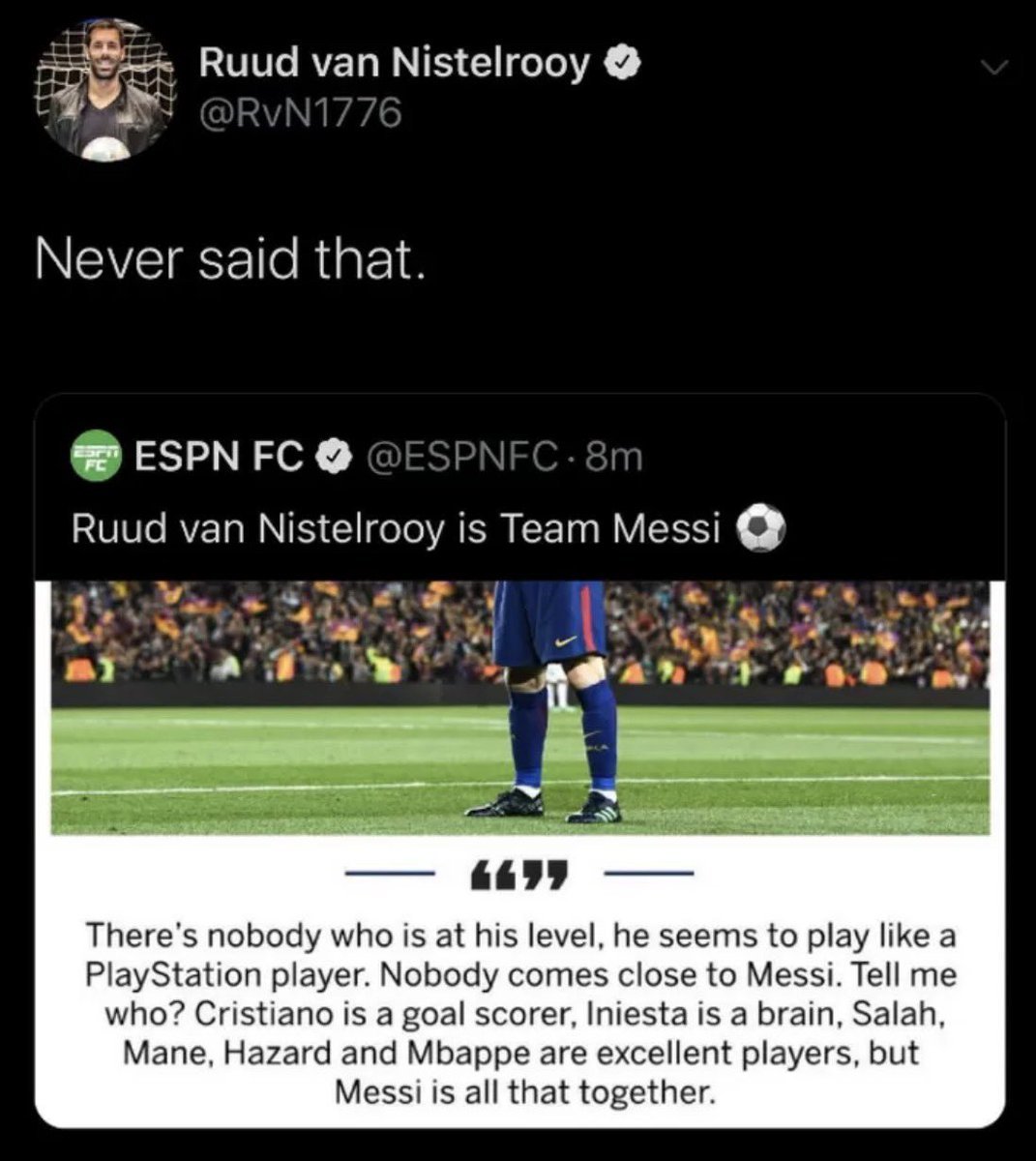 KDCGlobal_'s tweet photo. ESPN spreading misinformation, just like Fabrizio did earlier today and deleted his post. 

This is how you guys end up making a long list of players who never called Messi GOAT just to push narrative. 

The other day, Brazil Ronaldo said he never held any interview praising Messi, that his team confirmed it came from one Major news outlet in Catalona😩😅

If this guy is truly who he said he is, why the need to lie?