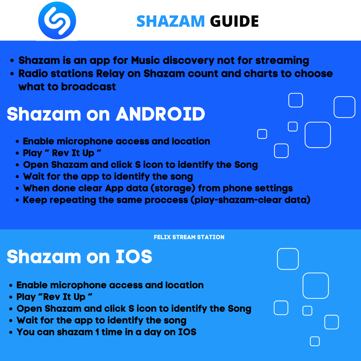 FELIXStreamSTN's tweet photo. ‼️DON'T FORGET TO SHAZAM‼️

ANDROID : Play REV IT UP - shazam - clear data - repeat multiple times
IOS : shazam on app once + on snapchat once - repeat next day

FELIX REV IT UP OUT NOW 
#FELIX_RevItUp https://t.co/Aioj5Sspzn