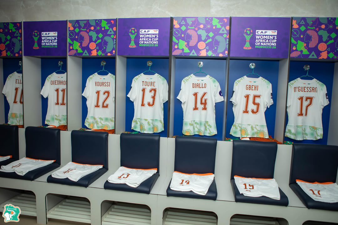 equipenatciv's tweet photo. Coupe d’Afrique des Nations Féminine TotalEnergies Maroc 2026
Tout est prêt dans le vestiaire des Éléphantes.
#AllezlesElephantes
#CANFeminineMaroc2026
#FIFCIV https://t.co/cO4lROE4n5