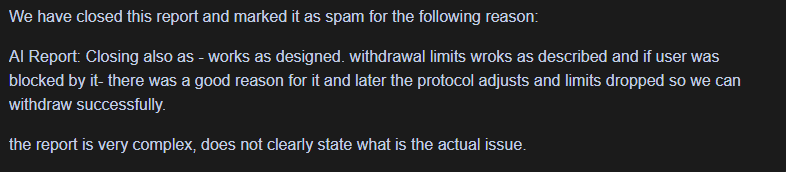 desm_de_crypto's tweet photo. @immunefi How can submission #84535, backed by three reproducible PoCs on a mainnet fork, require a $50 fee and then be closed as spam without technical review by the protocol, simply because it was considered “complex”? Is this acceptable triage? https://t.co/GPbuvR8Zlb