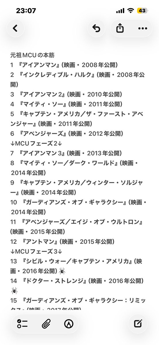 amecomibaka's tweet photo. アベンジャーズドゥームズデイ迄に観ておきたい作品のみ纏めました！！
これ別に観なくてもまぁ分かるな！ってやつは消してます！あとおもんなさすぎたやつとか評価低すぎたやつも消してます😿
何見ればいいかわからん！って人にはこれだけ見せましょう！
#MARVEL
#MCU 
#スパイダーマン https://t.co/fGWYaM3cVw