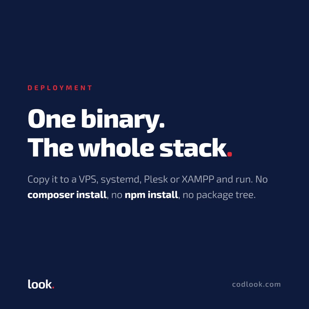 codlook's tweet photo. 🚀 One binary. The whole stack.
Copy it to a VPS, systemd, Plesk or XAMPP and run. No composer install, no npm install, no package tree.
#looklang #codlook #webdev #coding #programming #newlanguage #opensource #scriptinglanguage #buildinpublic #devtools #softwaredevelopment https://t.co/Gkc0yoZW5h