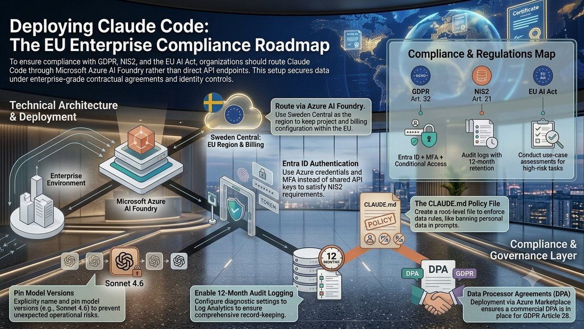Tech_Ai_Alan's tweet photo. Is your Claude Code deployment fully EU-compliant? 🤔
​Avoid heavy fines by setting up enterprise governance through Microsoft Azure AI Foundry instead of direct APIs.
​Swipe through the ultimate roadmap for GDPR, NIS2 &amp; EU AI Act compliance! 🚀
​#Claude3 #Tech_Ai_Alan https://t.co/Phne2mL2Pw
