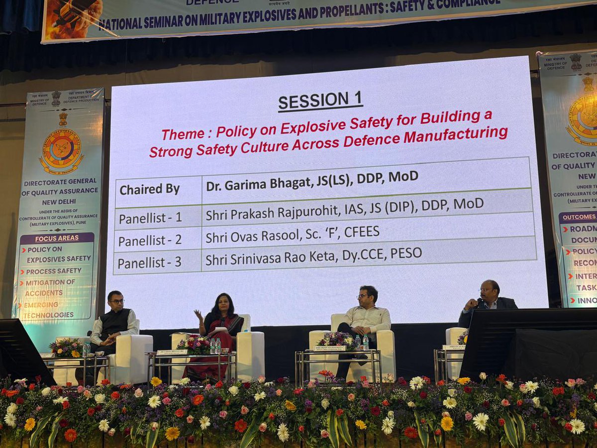 DefProdnIndia's tweet photo. In the National Seminar on ‘Military Explosives and Propellants: Safety and Compliance’ held today, on 31st July 2026 at Dr APJ Abdul Kalam DRDO Golden Jubilee Auditorium, Pune, organised by #DGQA under the aegis of DDP, an engaging session on Policy for Explosives Safety was conducted with Dr. Garima Bhagat, JS (LS) and Shri Prakash Rajpurohit, JS (DIP) as the prime speakers in the session. 

Both the speakers gave a thrust on expanding indigenous defence explosive manufacturing capability while preserving the highest standards of safety norms. A threadbare discussion was held during the session with all the stakeholders engaged in the defence explosive sector. 

#DDP #DRDO #DefenceProduction #MakeInIndia #Indigenisation