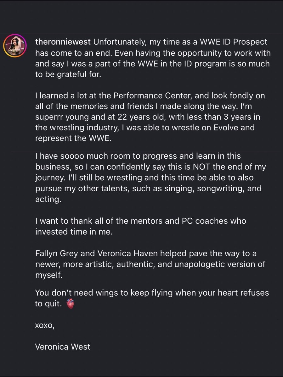 Planeta_Wrest's tweet photo. 🚨🚨 ÚLTIMA HORA 🚨🚨 

Fallyn Grey/Veronica Haven anunció que ya no forma parte del programa #WWEID.

“Aprendí muchísimo en el Performance Center y guardo con cariño todos los recuerdos y amigos que hice allí. Soy muy joven y, con 22 años y menos de tres años en la industria de la lucha libre, tuve la oportunidad de luchar en Evolve y representar a la #WWE.

Tengo muchísimo potencial para seguir creciendo y aprendiendo en este negocio, así que puedo decir con seguridad que este NO es el final de mi camino. Seguiré luchando y, además, podré desarrollar mis otros talentos, como el canto, la composición y la actuación.”

- IG