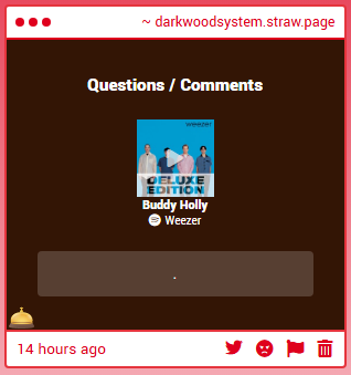 Darkwoodsystem's tweet photo. 1: We love weezer:)
2: tysm!!! Im glad you like it!
3: Glue! :-) Yum!
4: I personally really like those Coffee cakes you'de normally get at buffets, weddings or wherever theyre common elsewhere! That or cheesecake...ohhh you can win my heart with either food wise! https://t.co/3kjhfgbXZ9