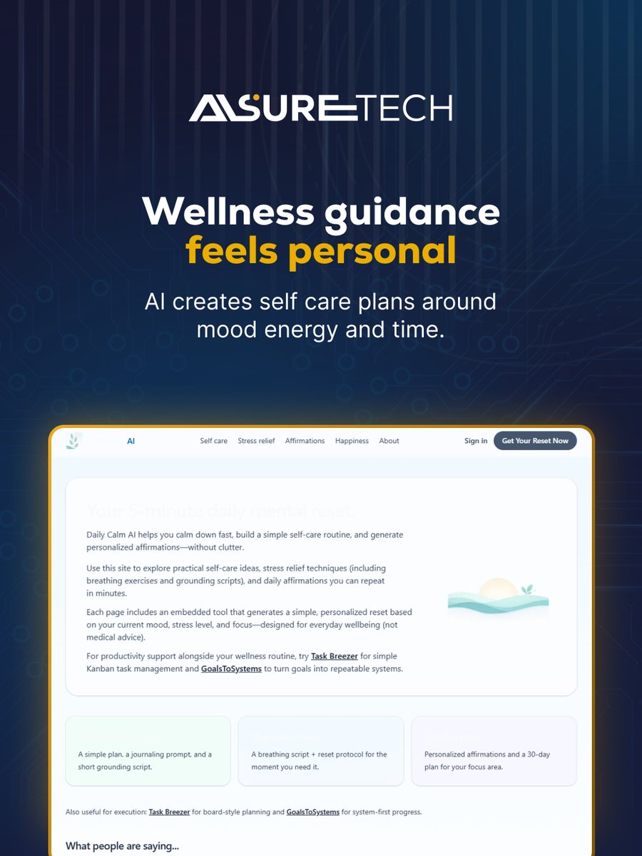 aisuretech's tweet photo. Daily Calm AI creates simple wellness support based on how users feel and how much time they have.

It offers affirmations, stress relief techniques, and self-care plans in a more personal way.

Website: https://t.co/Wq7pJQPASr

#SelfCare https://t.co/4T1efW586j
