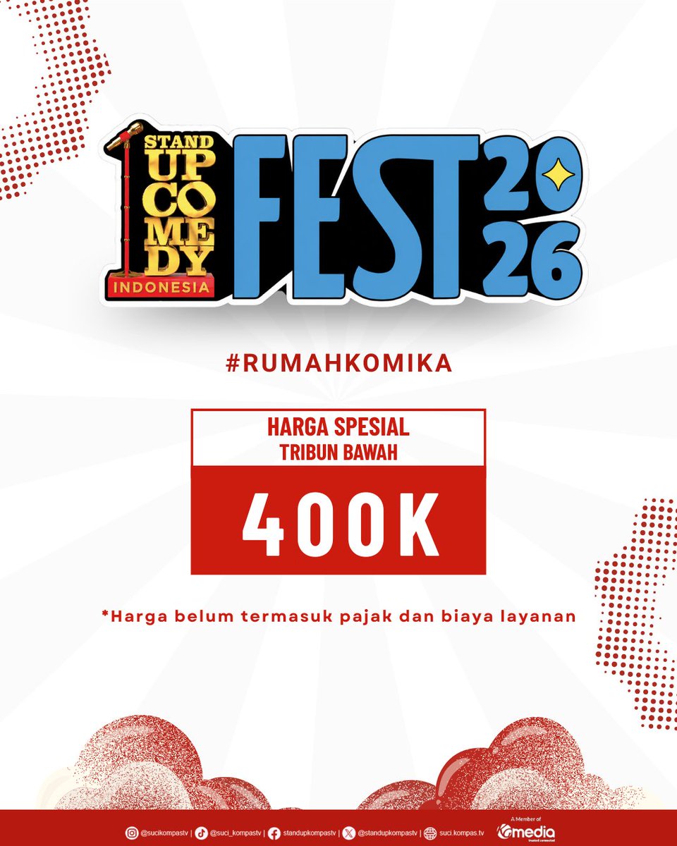 StandUpKompasTV's tweet photo. 🚨 HARI INI! 🚨

Saatnya mengamankan Early Bird Ticket SUCI Fest 2026! 🔥

🕘 Pukul 09.00 WIB
📲 Hanya di aplikasi MyValue 

Siapkan alarm, siapkan jempol, dan jangan sampai kelewatan kesempatan jadi yang pertama punya tiket SUCI Fest 2026! ✨

#SUCIFest2026 #RumahKomika https://t.co/tW6d4sVqnv