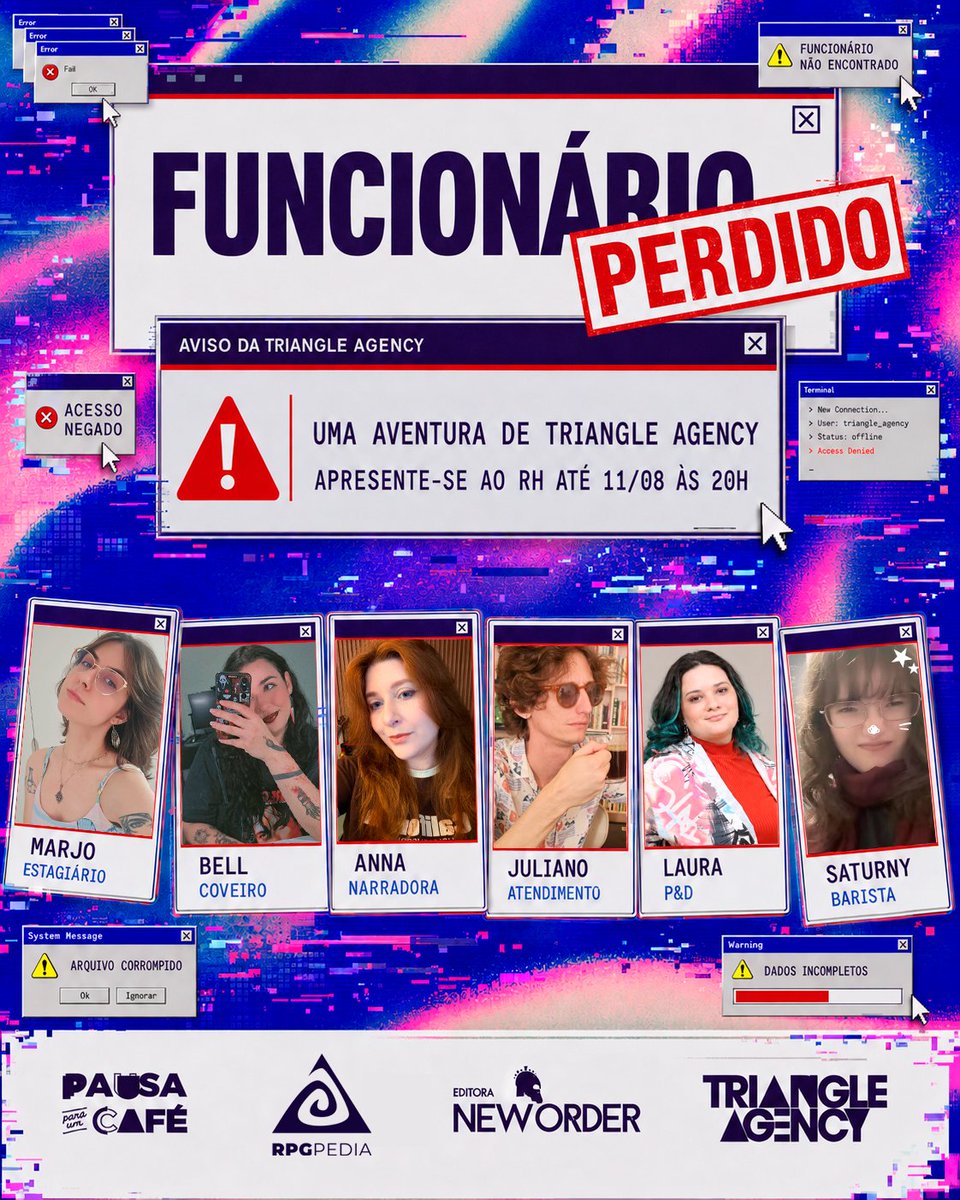 pausaparaumcafe's tweet photo. VOCÊS ESTÃO PREPARADOS PARA ESSA MESA? 

Dia 11/08 ás 20h Começa nossa mini campanha de TRIANGLE AGENCY com @marjorui_ @lauradopantano @saturny27, Juliano e @abluebellry 

Com apoio da @EditoraNewOrder e do @RPGpediabr 
Espero vocês na sala de reunião. 
https://t.co/Nz5BTXKvIt https://t.co/d1VeirsqYp