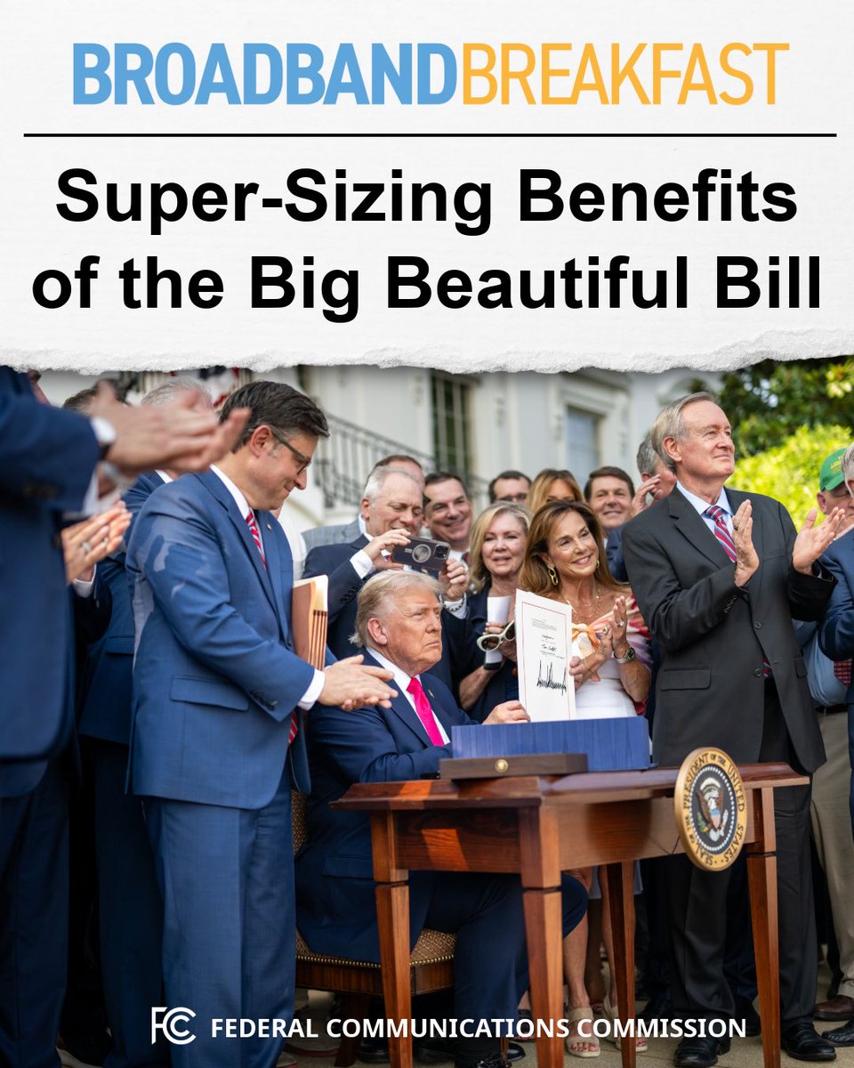 FCC's tweet photo. 📰 Super-Sizing Benefits of the Big Beautiful Bill

“The statutory vision of the One Big Beautiful Bill, and the FCC’s execution under Chairman @BrendanCarrFCC, has replaced the stagnation of recent years and created tremendous economic momentum.”

Read more 🧵⬇️ https://t.co/BQsl7bLlyr