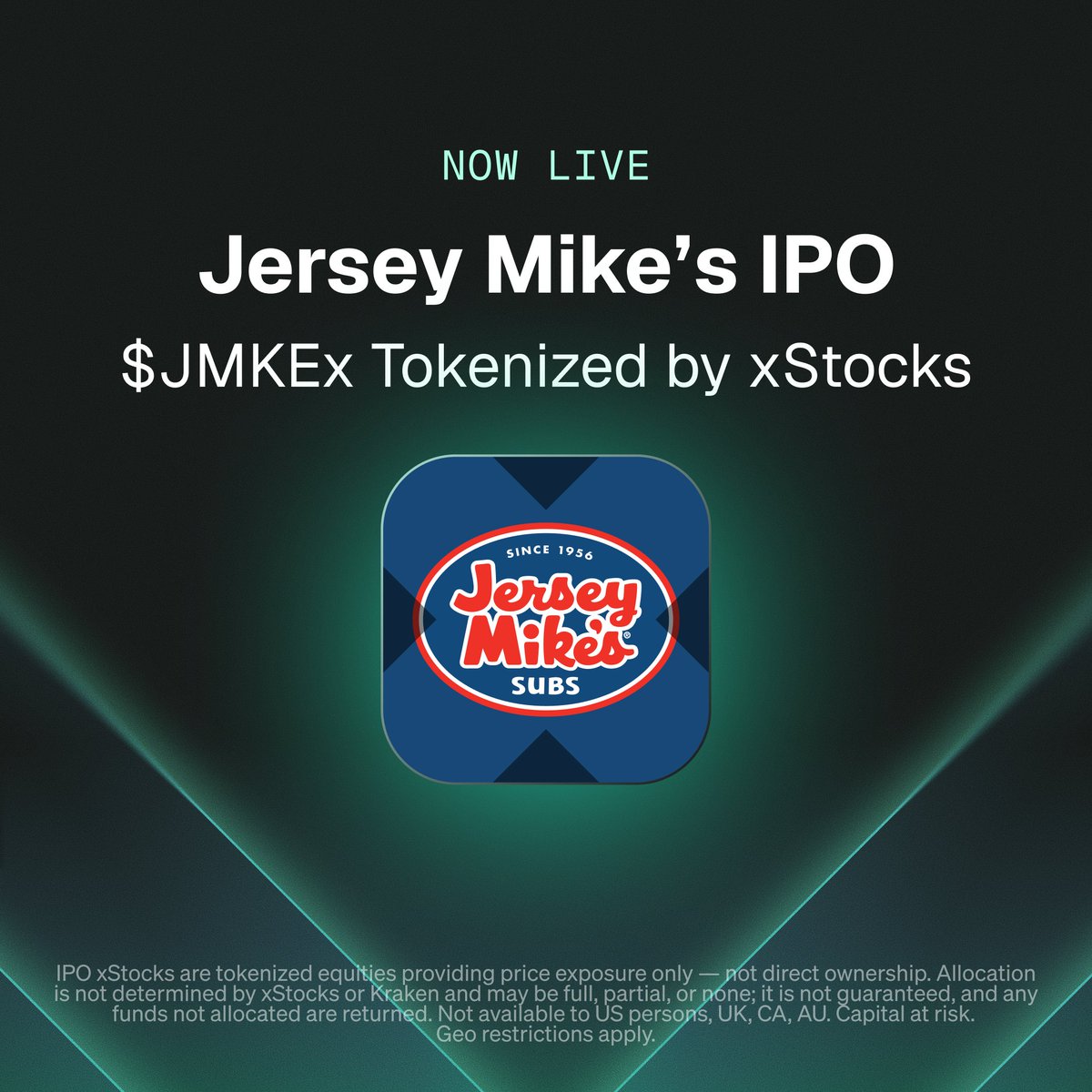 xStocksFi's tweet photo. Jersey Mike's ($JMKEx) is now trading onchain across Solana, EVMs and TON.

One of the biggest restaurant IPOs in years.

Available from the IPO offering price, plus applicable fees, through xStocks. https://t.co/fNw5oWyhZq