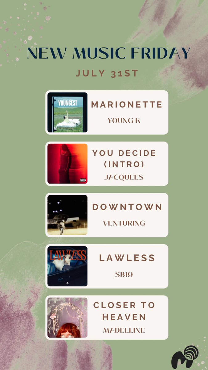 mergedmediaco's tweet photo. Last #NewMusicFriday of July! What are you pressing play on?

#mergedmediaco #meetingfanswheretheyare #YoungK #Jacquees #venturing #SB19 #Madelline https://t.co/y6H3hLXRpn