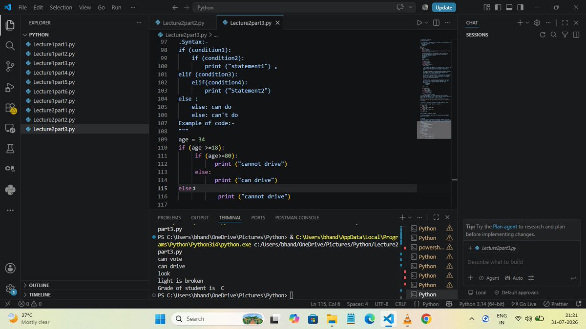 Kartik1178687's tweet photo. π LEVEL UP! Python Lecture 2: DONE! π
Strings? Handled. βοΈ
Conditions? Mastered. π
Logic? Unlocked. π
Another day, another step closer to mastering Python with Apna College! πͺπ₯
#PythonCode #CodeNewbie #DeveloperLife #TechGrind https://t.co/YKmcdVC0Mh