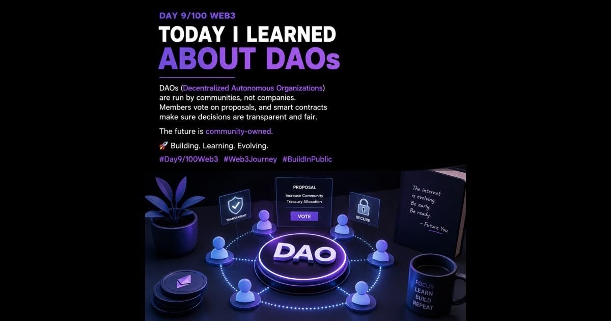 Illumijosh's tweet photo. Day 9/100 🌐

Today I learned about DAOs, where communities vote instead of relying on central authorities. Smart contracts keep decisions transparent and automatic. Another step deeper into understanding how Web3 empowers people through decentralized governance. 🚀

#Day9 #Web3 https://t.co/VBwQGpQGHQ