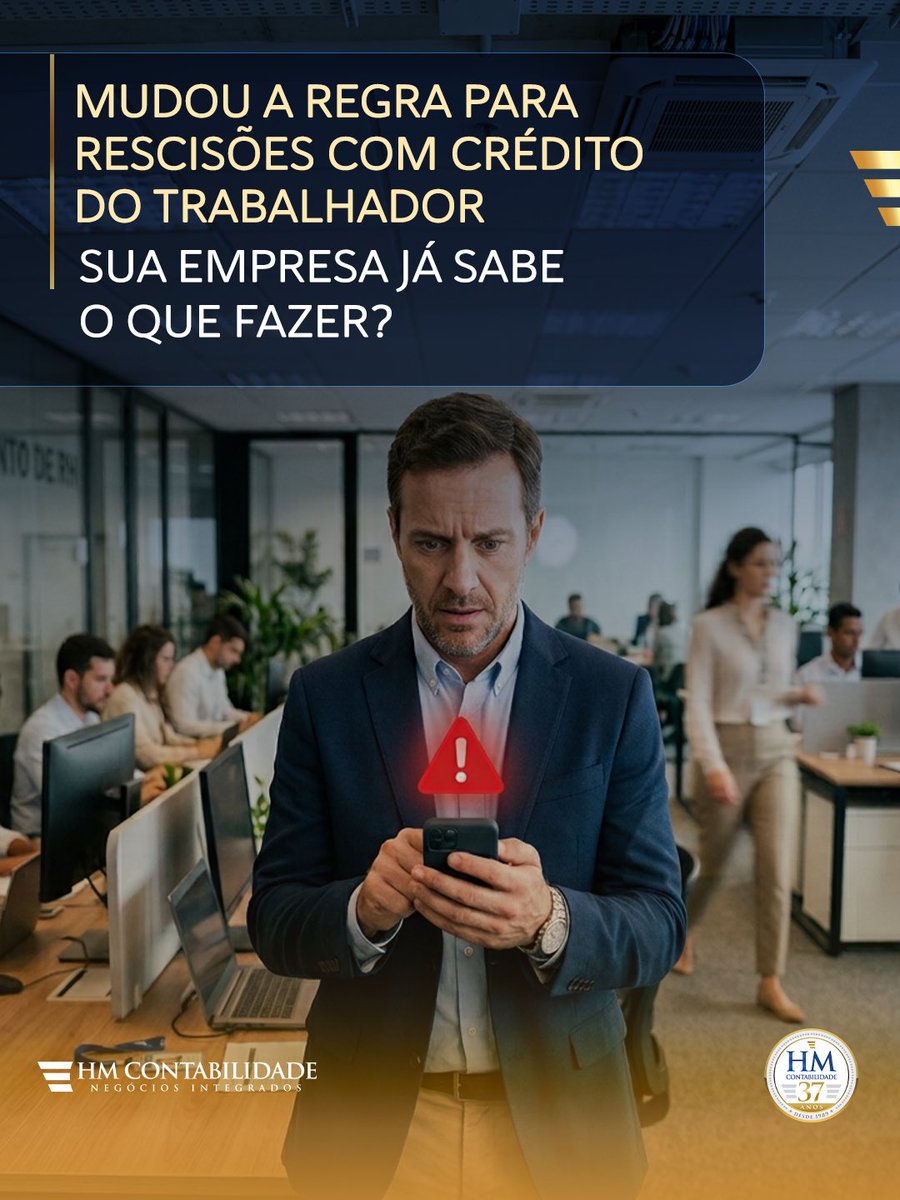 ContabilidadeHM's tweet photo. Nova regra para rescisões com Crédito do Trabalhador já está valendo! A partir de agora, é obrigatória a consulta ao Portal Emprega Brasil antes de cada cálculo rescisório. Ficou com dúvida? Entre em contato com a HM.

📱 71 2103-6544
💬 WhatsApp: 71 99940-0645 https://t.co/vupA1aBCXN